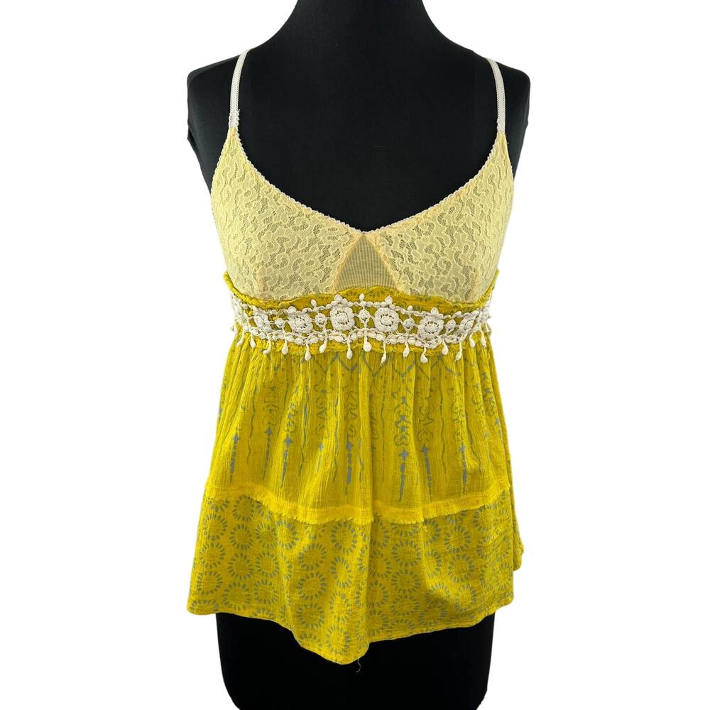 FREE PEOPLE Yellow White Lace Embroidered Scoop Neck Racerback Cami Tank Top S